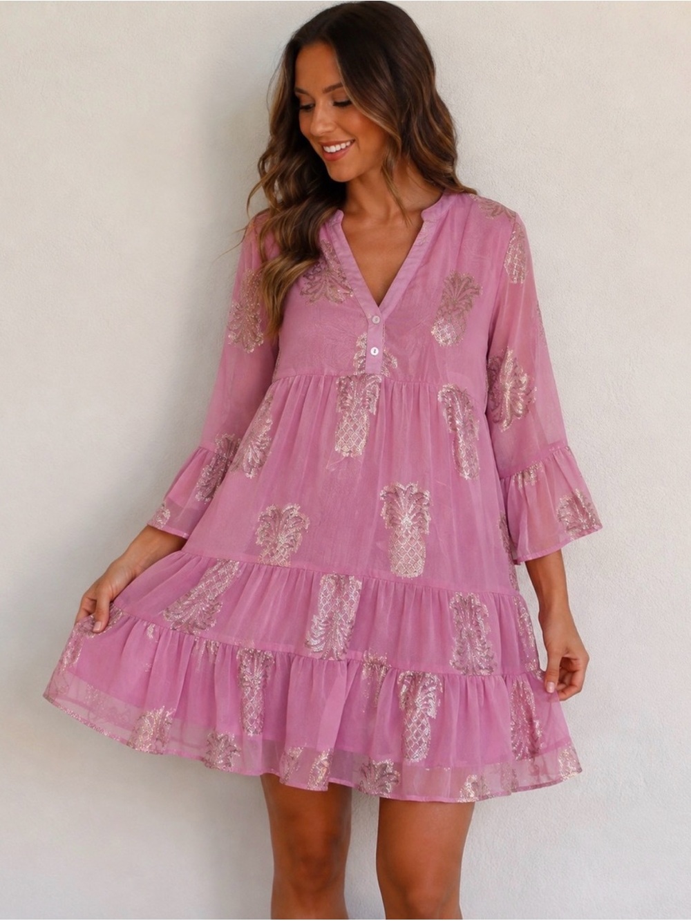 Simply Southern Rose Pineapple Metallic Woven Boho Dress Pink Medium Tiered